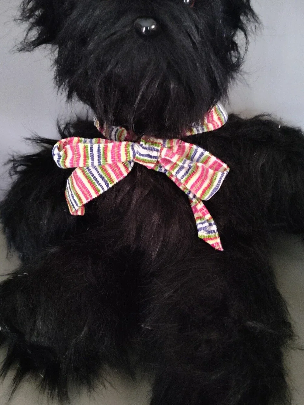 Black Plush Teddy Bear with Striped Bow -handsewn